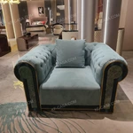Luxury Light Lake Blue Velvet Chesterfield Sofa Set with Contrast Trim & Gold Stainless Steel Accents